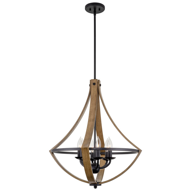 26" 6-Light Modern Rustic Foyer Chandelier, Wood Style Metal Frame, Black Accents + Smoked Birch Wood, Smoked Birch Wood