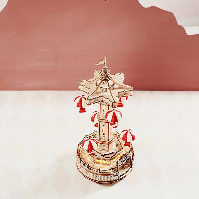 ROKR Magic Amusement Park Parachute Tower Wooden Toy DIY Music Box Moveable 3D Wooden Puzzle For Kids Gifts For Christmas