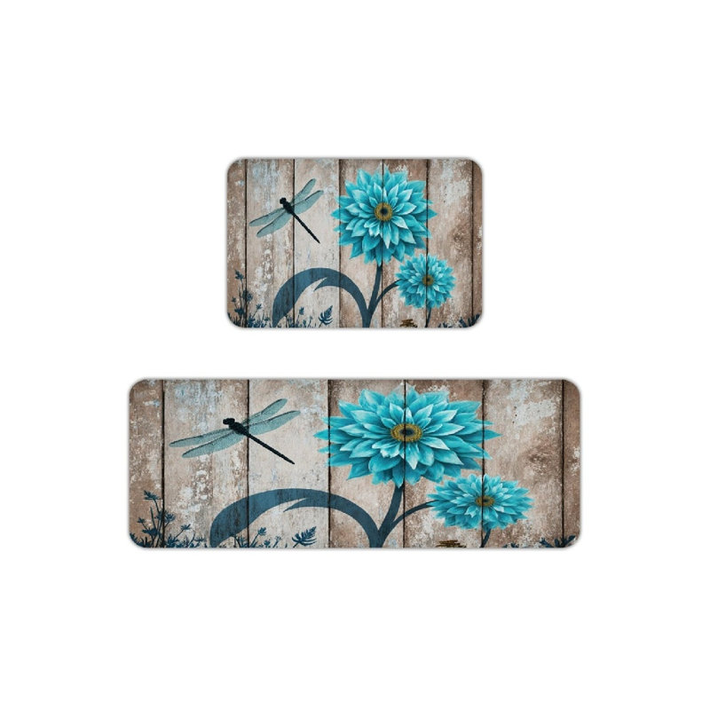 Teal Dahlia & Dragonfly, 2 Pcs Non Slip Kitchen Mats