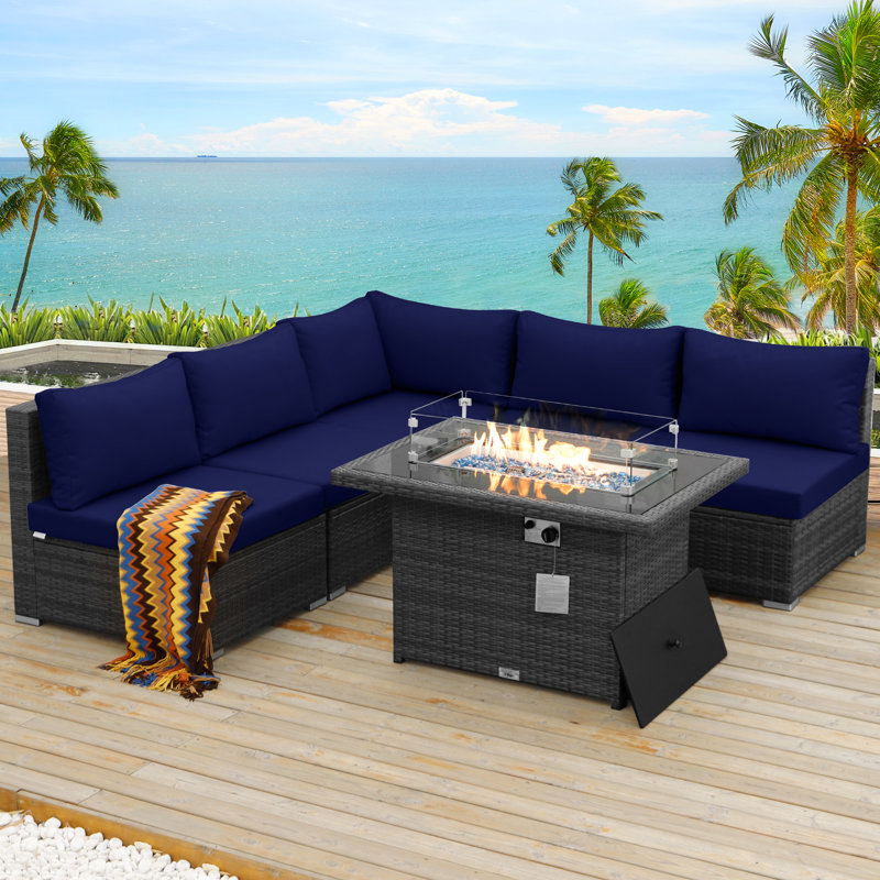 Arisbel 6-Piece Wicker Outdoor Modular Sectional Conversation Set with 43" Fire Pit Table, 60,000 BTU, High-Back 4.1" Cushions