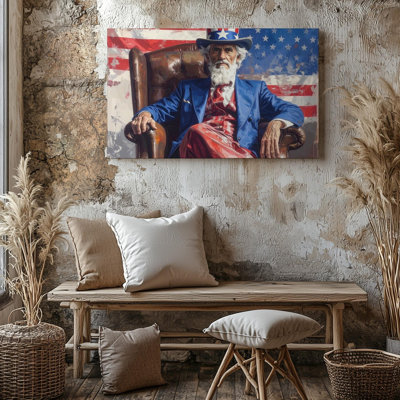 Wall Art Canvas Uncle Sam In Leather Chair Patriotic Portrait With Attitude And Tradition Ready To Hang Gallery Wrapped Home Decor
