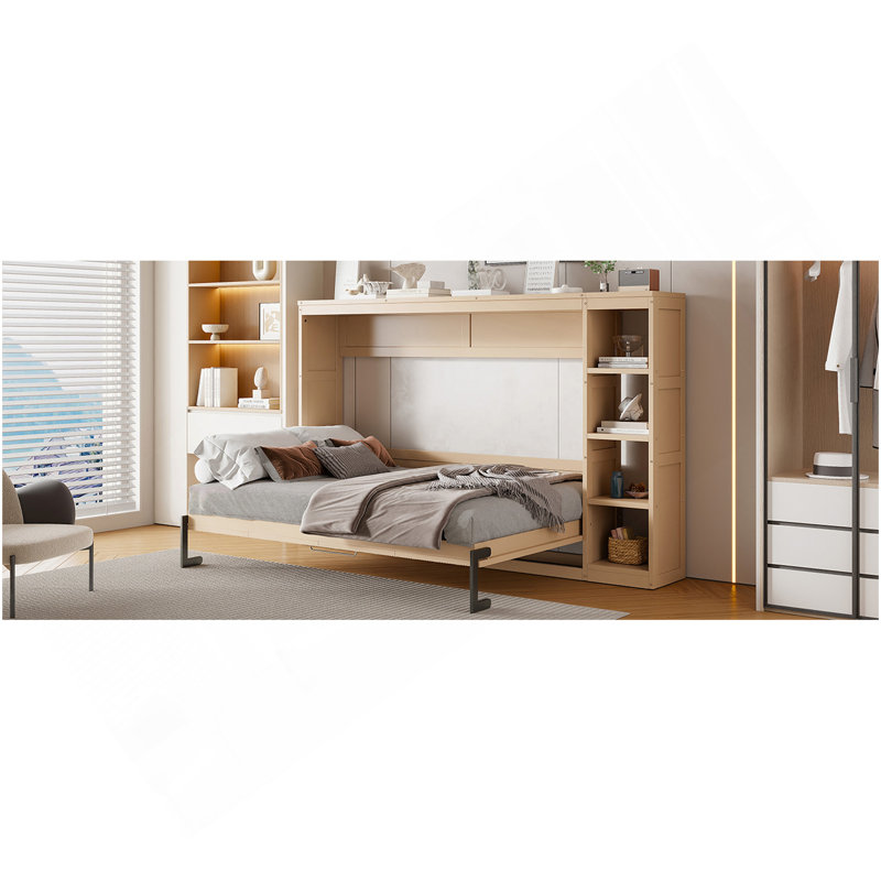 Lit escamotable double avec bibliothèque, naturel, Naturel