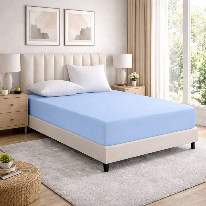 Super Luxury Microfiber 25 cm Plain Fitted Sheet , Blue, Double (4'6)