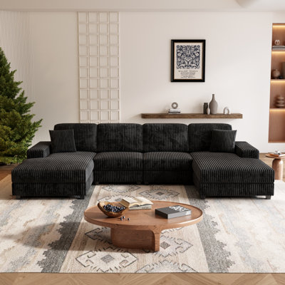Canapé convertible combiné en forme de U, tissu en velours côtelé, canapé moderne confortable de grande taille à 4 places, fauteuil double salon, noir