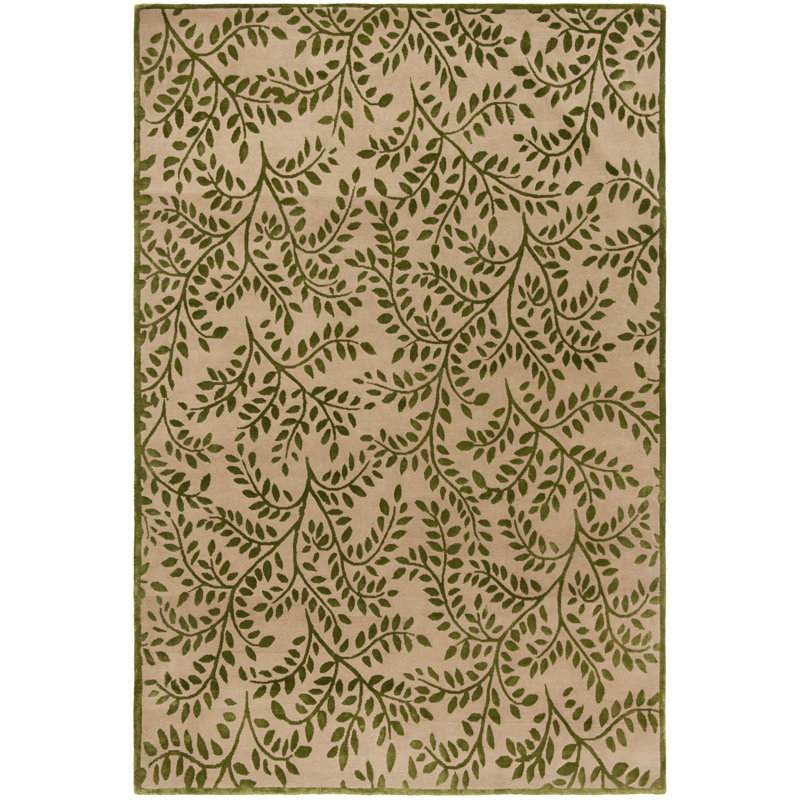 Jamie Drake Green and Beige Hand-Knotted Wool Silk Rug 4' x 6'