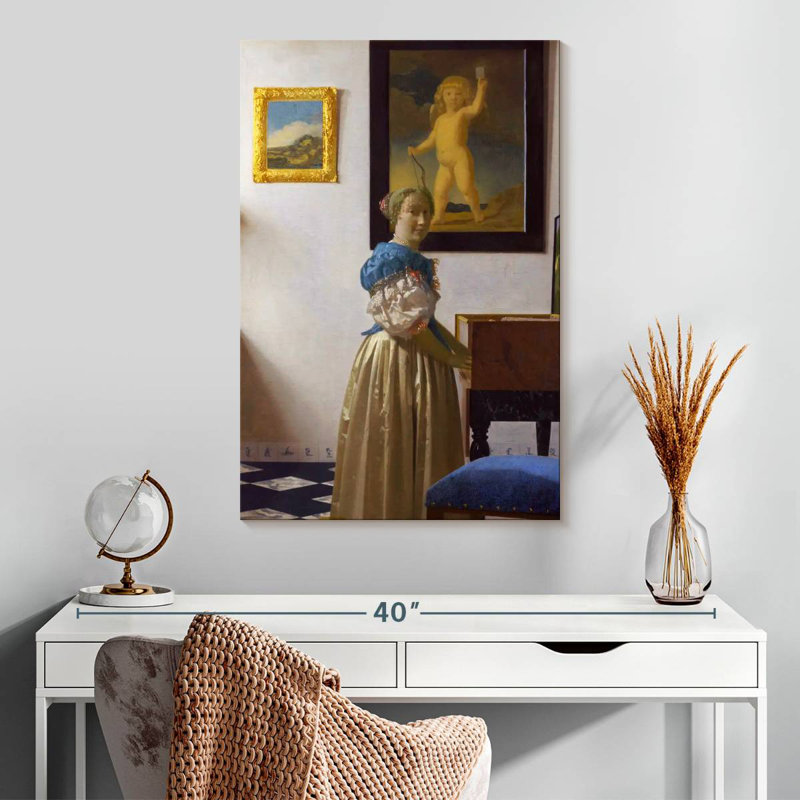 Dame Leisha debout devant un virginal 1670-1672, H 30 po x l 20 po