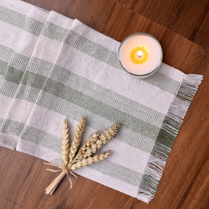 Navaneeth Rectangle Striped Cotton Table Runner, Green
