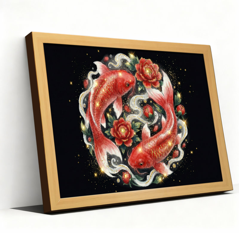 Ensemble de 1 tableau sur toile tendue représentant des carpes koï et des roses, H 20 po x l 30 po, Toile tendue