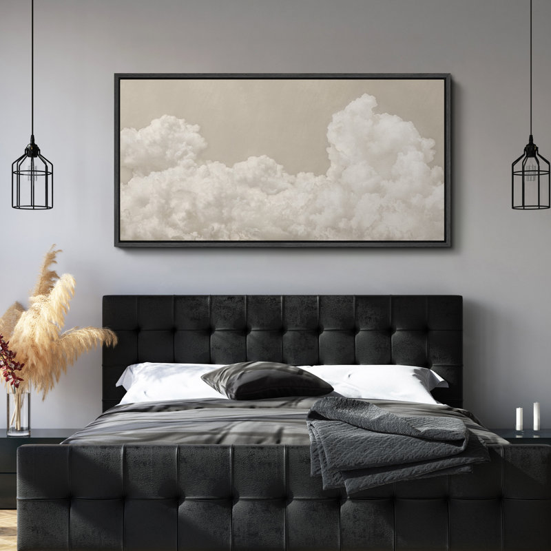 " Soft White Clouds On Beige Background Antique Retro ", 30" H x 60" W, Black