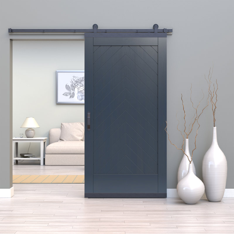 Porte de grange coulissante en bois d'érable à 1 panneau avec quincaillerie Karona, Bleu maritime, 42 po x 80 po