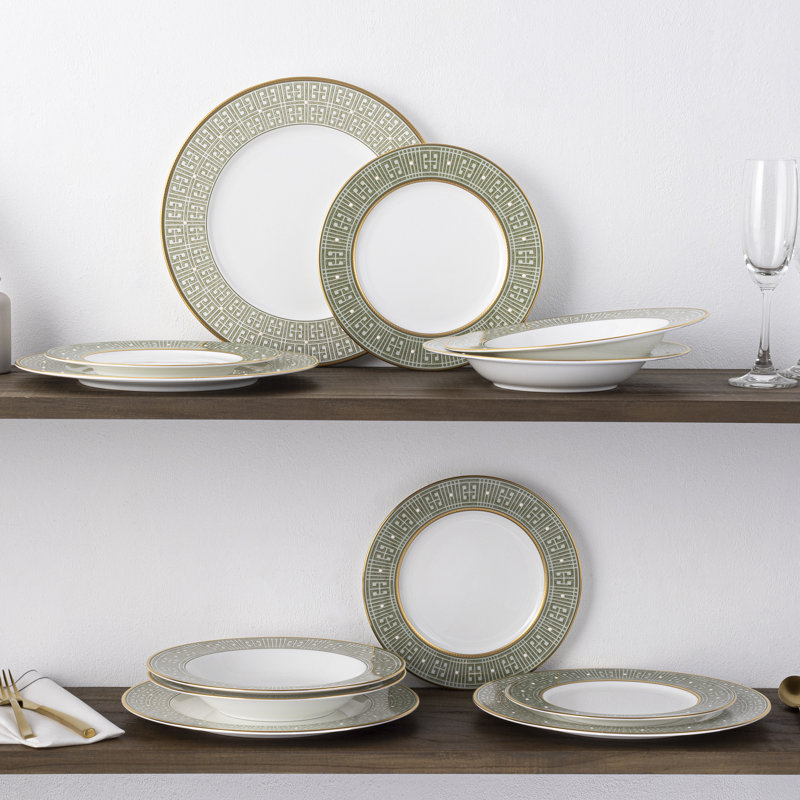 Green and Gold Porcelain 12-Piece Dinnerware Set, Service for 4