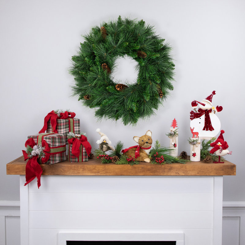 Couronne de Noël artificielle pin blanc avec pommes de pin - non éclairée, H 24 po x l 24 po x P 7 po