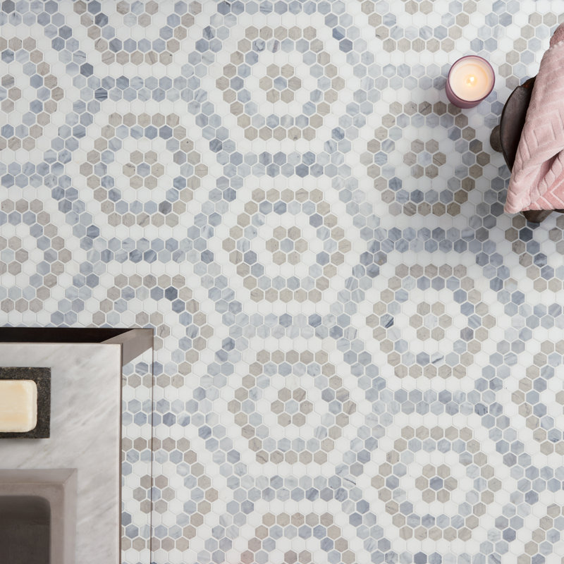 Carreau de mosaïque en marbre l 10,23 po x L 11,53 po Hyperion, Beige / crème / gris / blanc