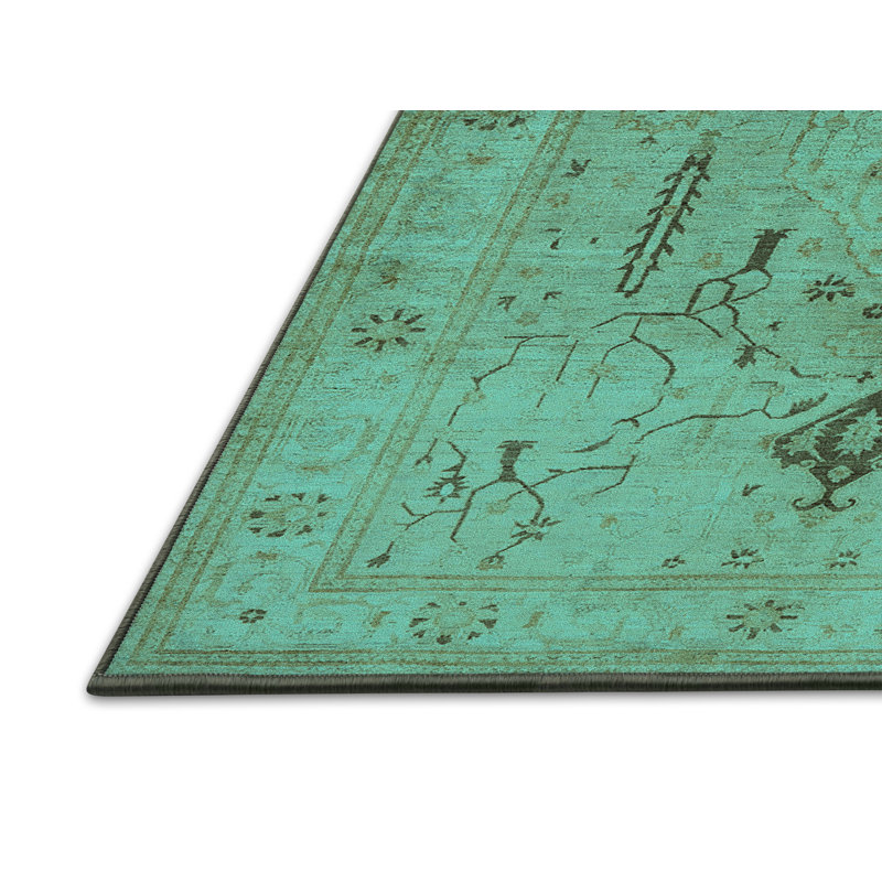 Tapis oriental en laine / polyester tissé à la machine en turquoise, Rectangle 5 pi x 8 pi