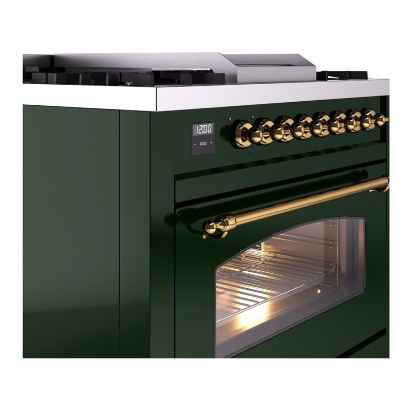 ILVE Nostalgie II Series 36 inch Dual Fuel Range with 6 Burners, Griddle (Glass Door), Emerald Green/Brass, Natural Gas