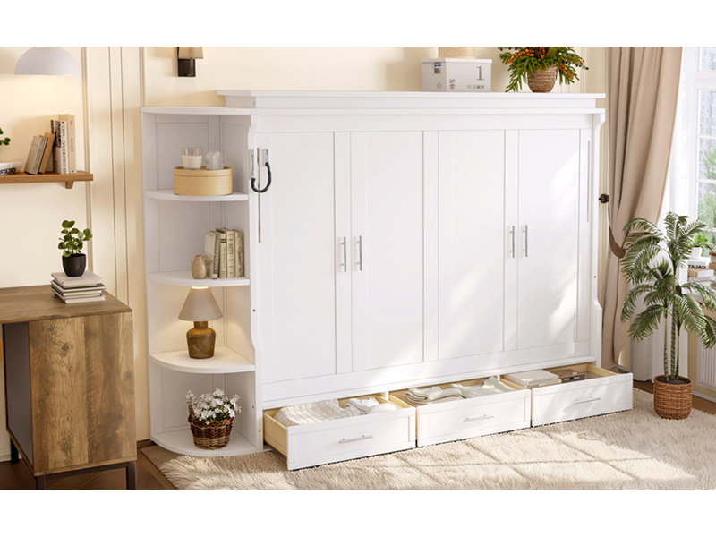 Lit plateforme escamotable de conception moderne avec rangement, armoires latérales et tiroirs, fabrication durable, White