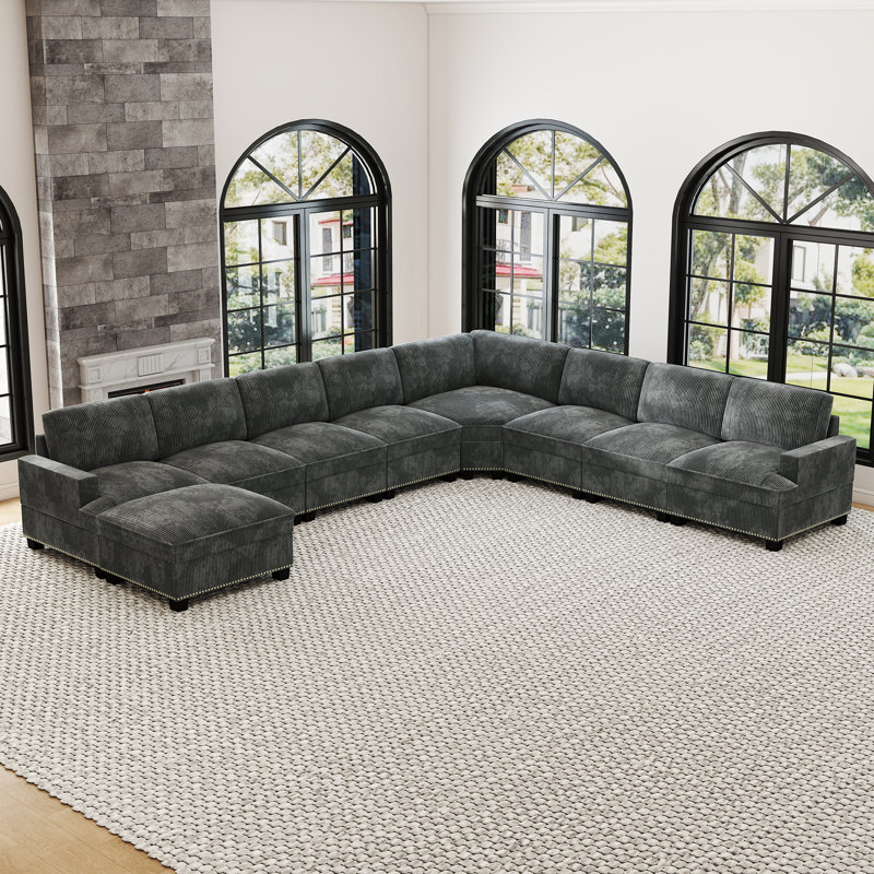Spacieux canapé modulaire en coin avec garniture cloutée de 9 pièces en velours côtelé avec repose-pieds, Velours côtelé gris