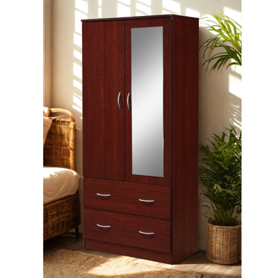 2-Door Freestanding Wardrobe Armoire with Full-Length Mirror, Hanging Rod and 2-Drawers - Bedroom Closet stroage Cabinet by L