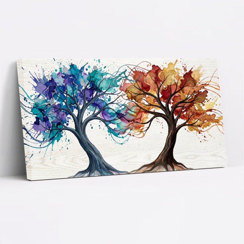 Ensemble de 1 tableau abstrait coloré représentant des arbres sur toile tendue, H 28 po x l 58 po