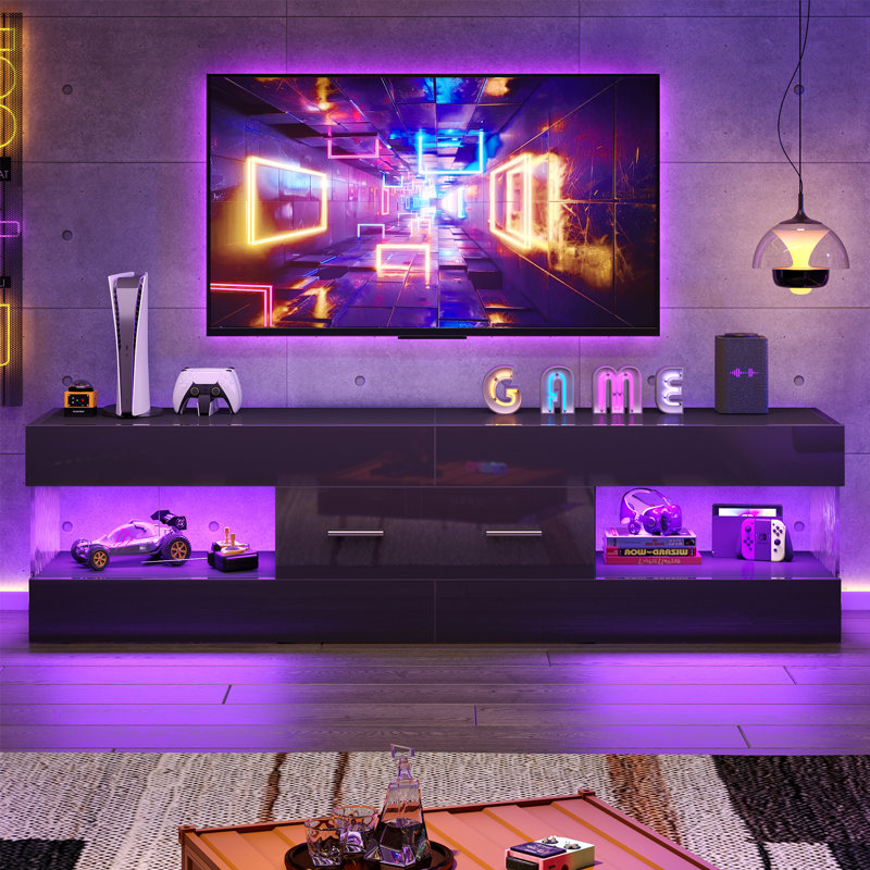 Kruszewski 60 inch  Glossy TV Stand Fits TV Up to 65 inch with Drawer and LED Light Stone Grain Media Console, Black