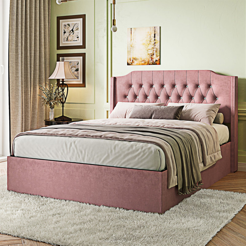 Queen Size Tufted Upholstered Bed Frame, Pink