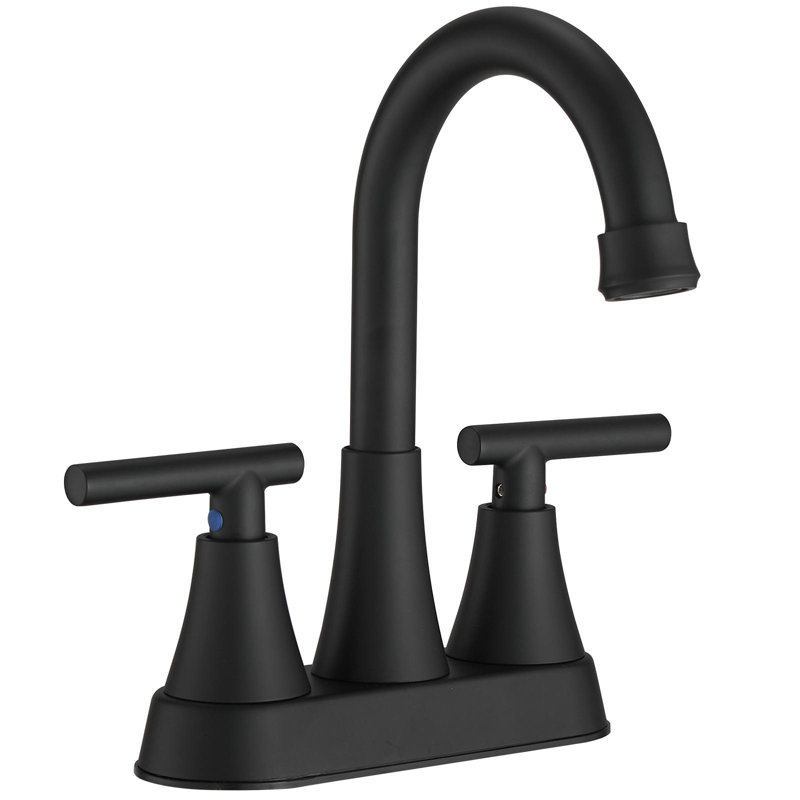 Robinet de lavabo de salle de bain central noir à 4 poignées avec ensemble de drain Fineline