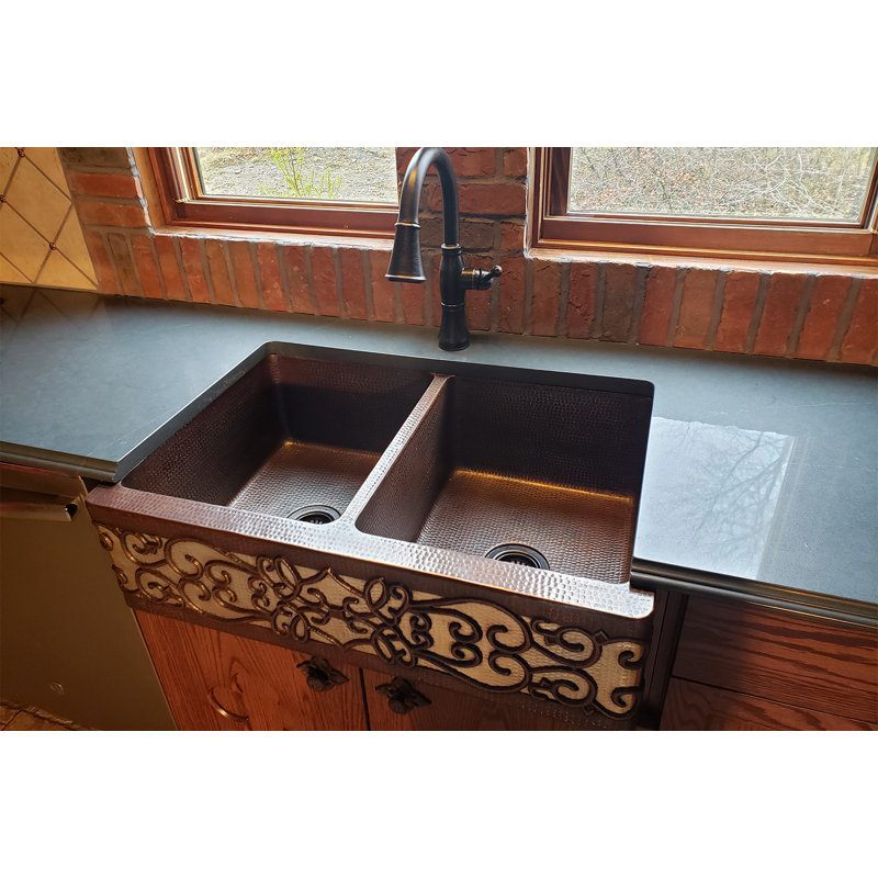 33" Hammered Copper Apron Front 50/50 Double Basin Kitchen Sink w/ Scroll Design and Nickel Background