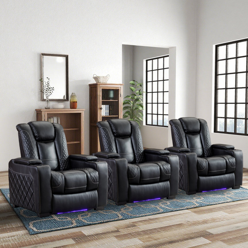 36.22" W Luxurious Power Recliner Home Theater Seating with Adjustable Headrest & Cup Holders & Ambient Light Strap, Black