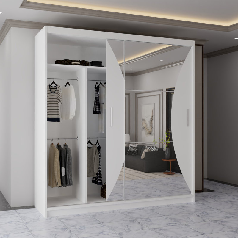 Modern 2 Door Sliding Mirror Wardrobe – Stylish Bedroom Storage in 2 Sizes and 3 Colours, 217cm H x 203cm W x 62cm D, White