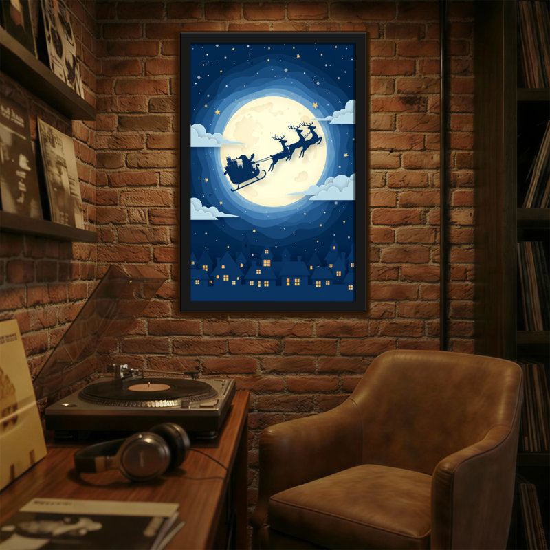 Père Noël qui survole la ville la nuit, H 18 po x l 12 po