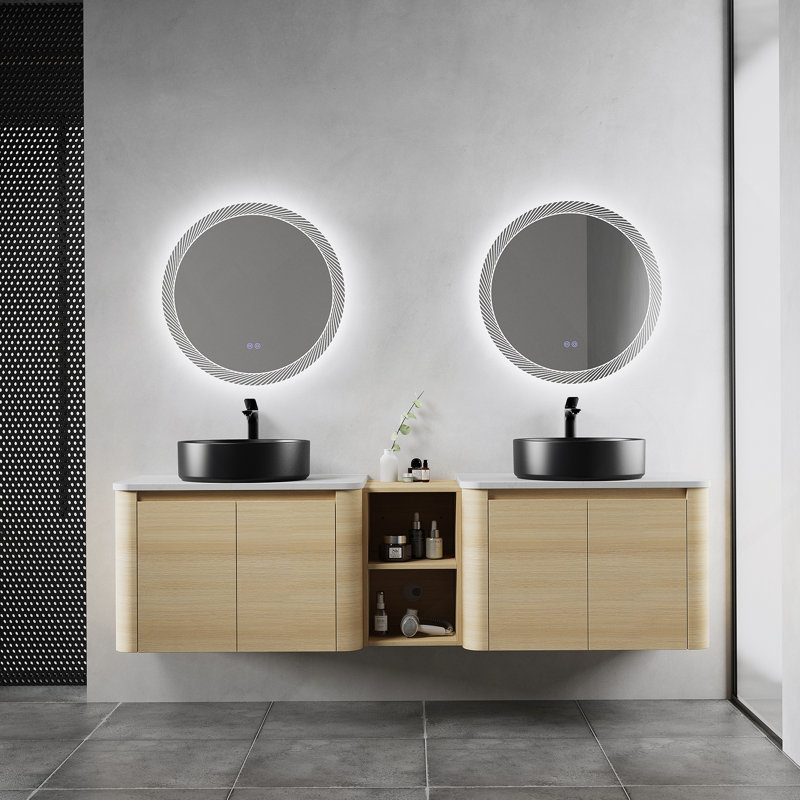 Meuble-lavabo mural 72 po avec lavabo d'art en céramique, tablettes de rangement et portes à fermeture en douceur, peu encombrant et élégant