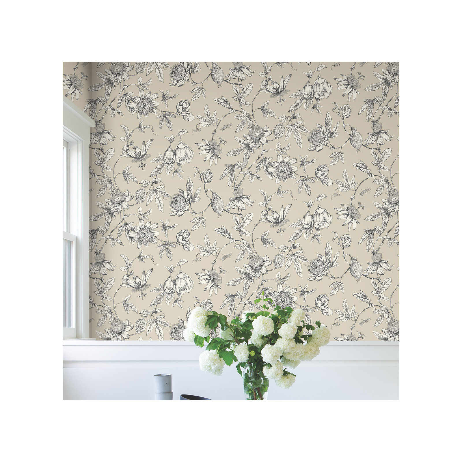 Passion Flower Toile Floral Wallpaper, Beige