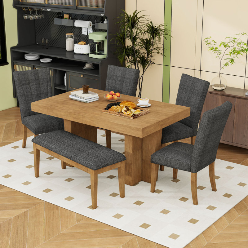 Ensemble de table de salle à manger avec banc et chaises, Brun, Gris