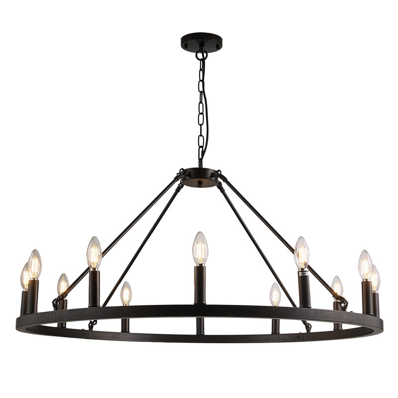 Lustre en roue de chariot à intensité variable 12 lumières Courteney, Noir, noir, noir, noir