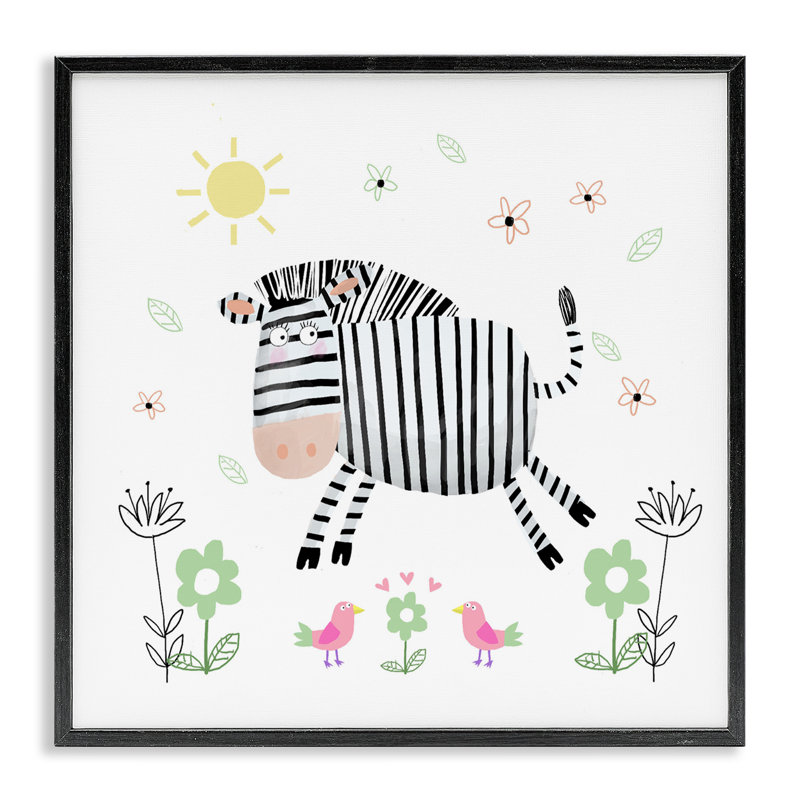 Illustration florale de bébé zèbre, estampe numérique, design par Carla Daly, H 12 po x l 12 po, Giclée encadrée noir minuit