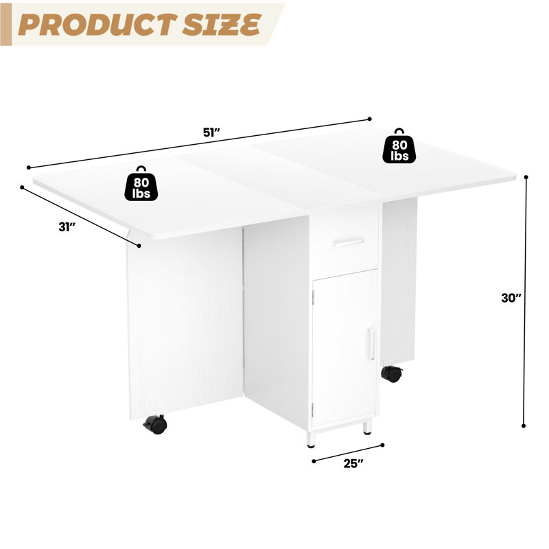 Folding Dining Table with Drawers and Cabinets, White