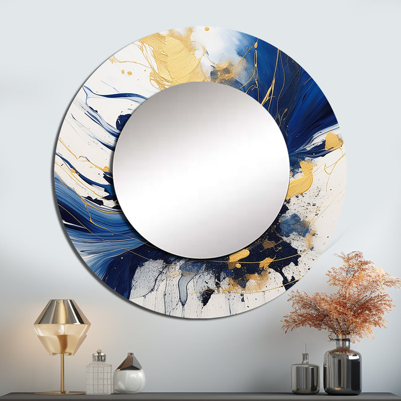 Dark Blue and Gold Strokes V - Fractals Mirror, Blue Round Unique Wall Mirror, Printed Metal Art, 36" x 36"