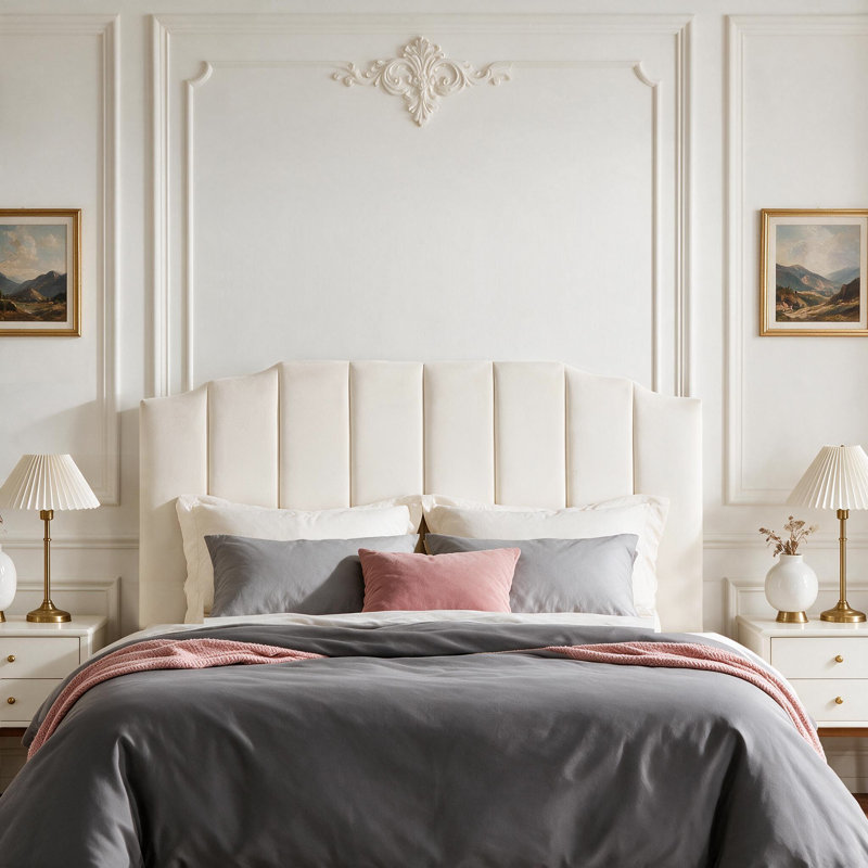 Tête de lit tapissier Modern, Grand lit, Velours crème