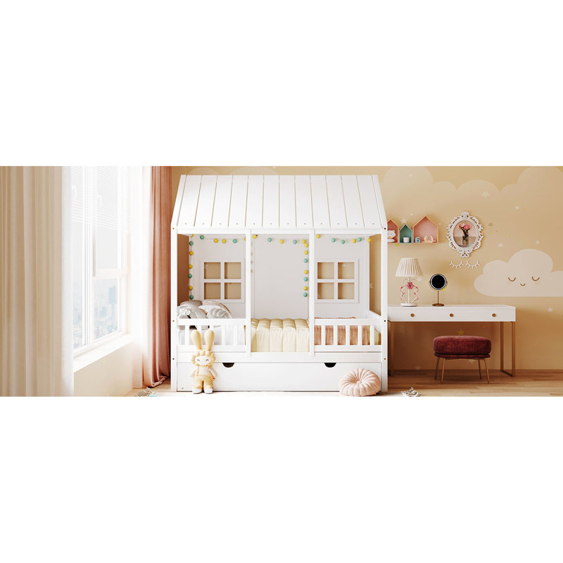 Lit de maison blanc en bois massif avec lit gigogne simple, lit de jour pour chambre double, lit de jour attrayant en bois pour la chambre à coucher, espace fonctionnel