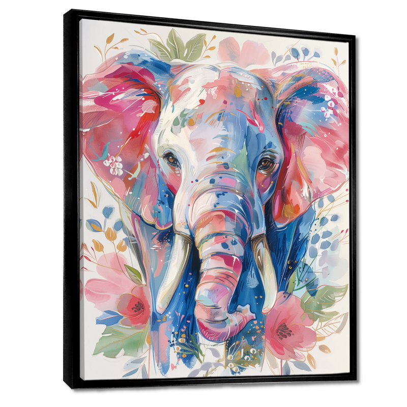 Pépinière, gris, rose, magnifique éléphant II - éléphant, art mural animal, Cadre flottant noir, H 30 po x l 40 po