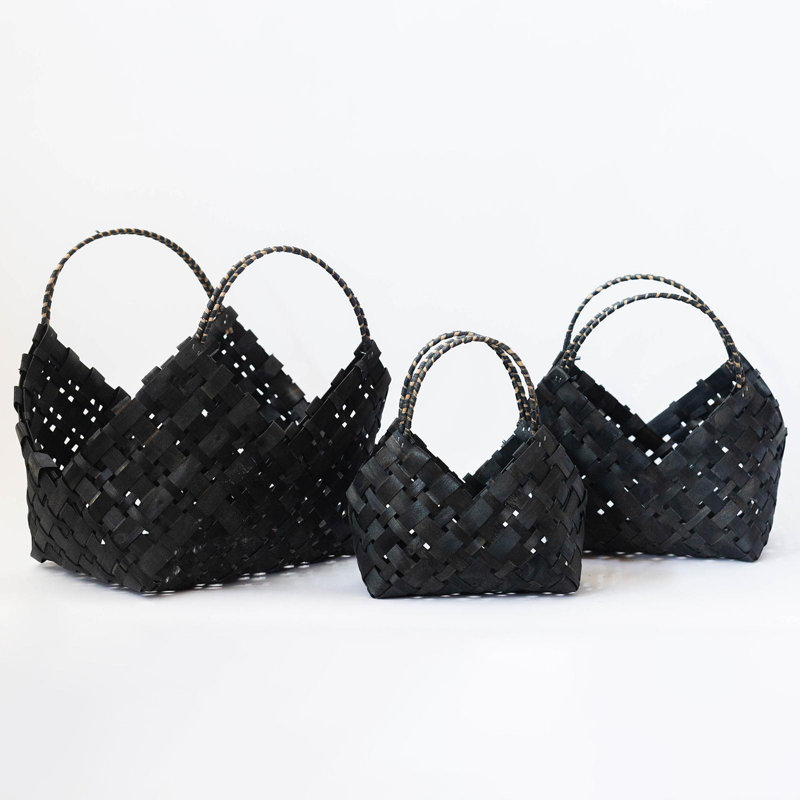 Set of 3 Black Woven Rattan Storage Baskets with Handles