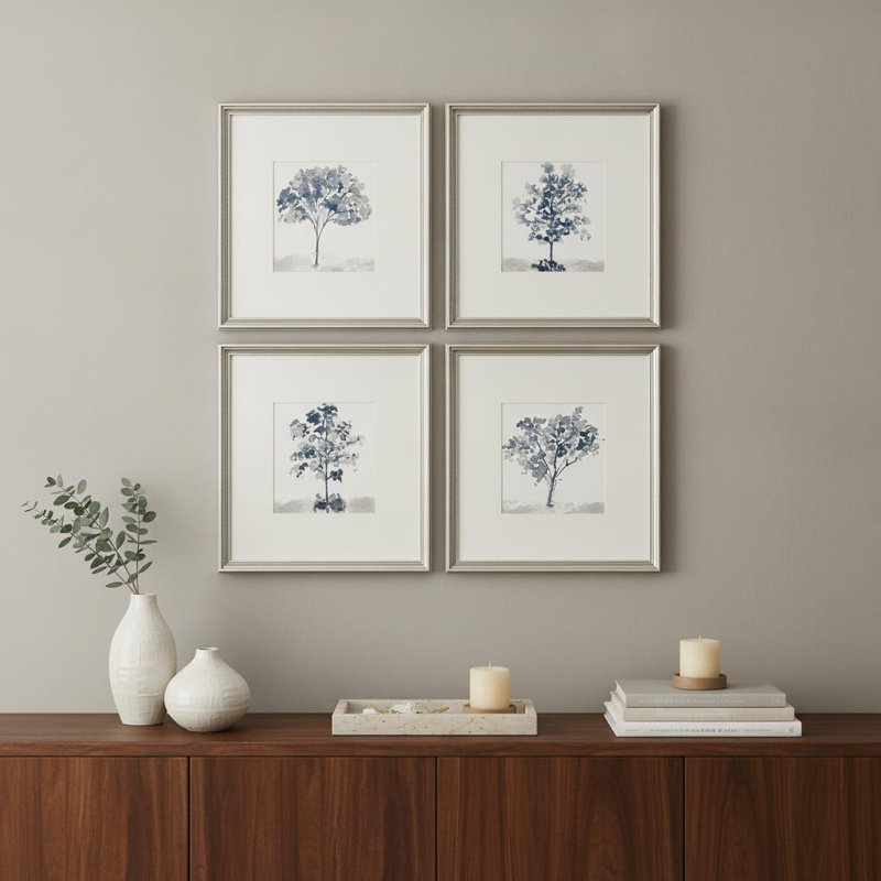 HomeRoots (Set of Four) Slate Trees, reproduction d'art encadrée argentée