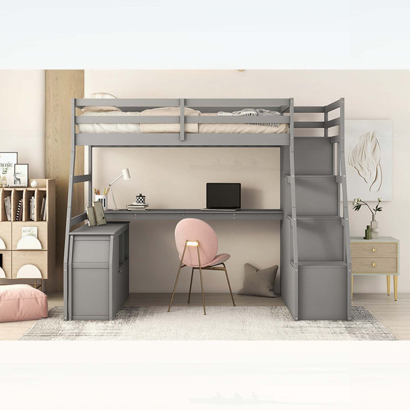 Lit mezzanine simple avec 7 tiroirs, 2 tablettes et bureau intégré - gris, peu encombrant et multifonctionnel, Lit simple