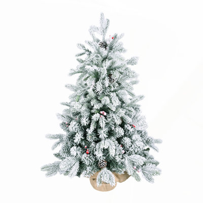 3FT Flocked Tabletop Christmas Tree with 355 Tips, Snowy PE/PVC Branches, Pine Cones, Red Berries, and Burlap Base for Home & Office