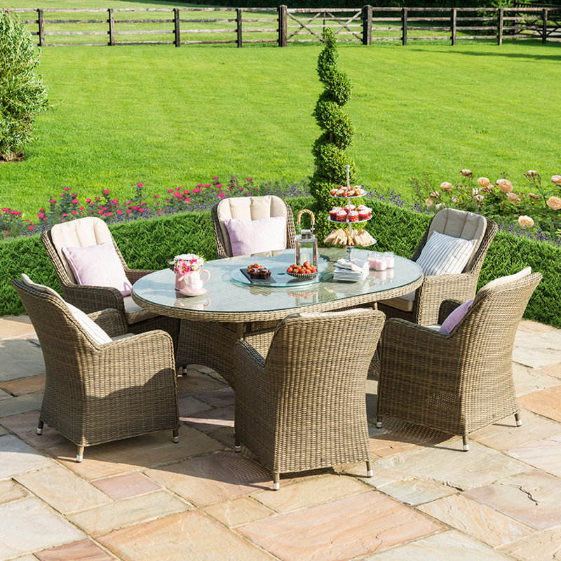 Dmai 6 Seat Oval Ice Bucket Dining Set with Venice Chairs Lazy Susan, Brown, Beige