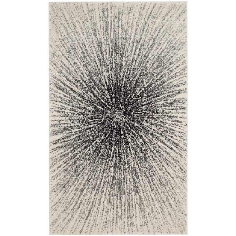 Tapis noir et ivoire à motif abstrait, Rectangle 3 pi x 5 pi