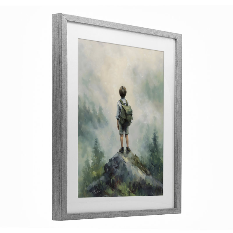 «Boy Adventurer Atop Mountain», reproduction d'art sous verre encadrée par Arlington Prints, Cadre de ferme gris