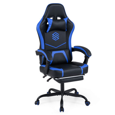 Gaming Chair with Headrest, Lumbar Support, Linkage Armrests, Reclining Backrest Navy Blue & Black