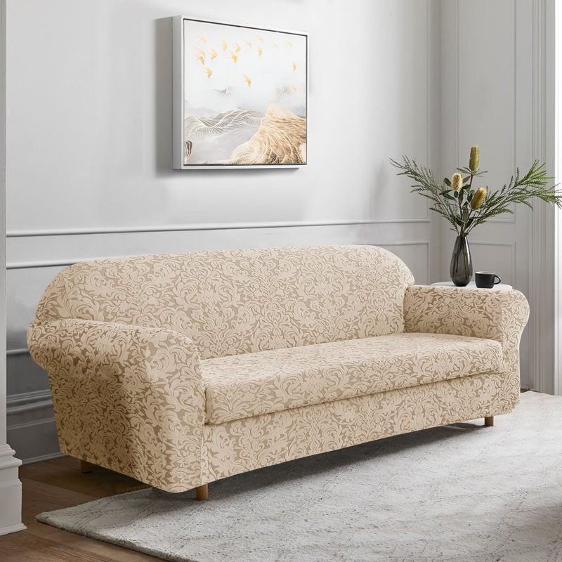 Housse pour canapé Stretch Damask, Mélange de polyester beige, H 41 po x l 92 po x P 42 po