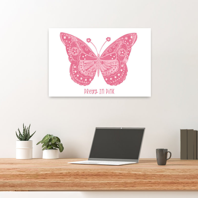 Joli papillon rose fantaisiste, art contemporain, H 16 po x l 24 po